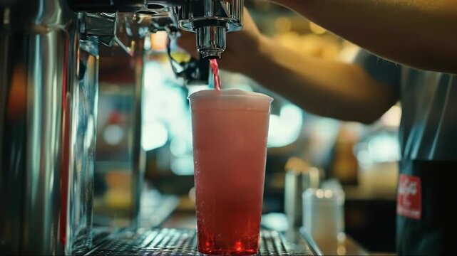 barista pouring red carbonated soft drink into plastic glass with ice cubes. dispenser machine in restaurant. cold beverage refreshment. fast food service, menu design.
