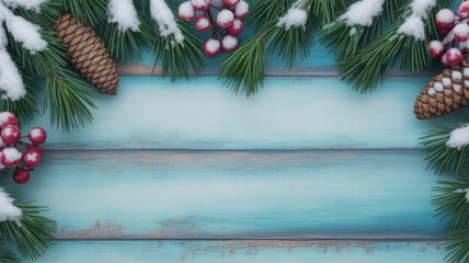 Winter holiday background with snow covered pine branches pine cones and red berries festive decoration on blue wooden planks for Christmas and New Year