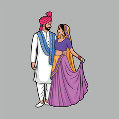 Traditional Indian Bride and Groom in Cultural Attire &ndash; Stylized Vector Illustration