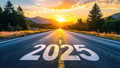 Open Road Towards a Golden Sunset in the Mountains Number 2025 Painted on Asphalt Symbolizing a New Year Journey