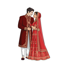 Traditional Indian Wedding Couple in Red Bridal Attire &ndash; Vector Illustration