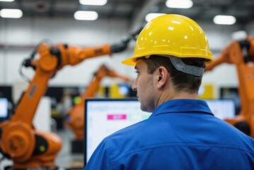 a man in a hard hat looking at a computer screen