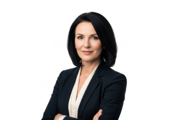 Professional businesswoman with dark hair wearing a blazer and blouse with arms crossed isolated on transparent background