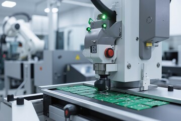 a robot is working on a computer board in a factory