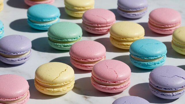 Vibrant array of pastel macarons arranged on white marble backdrop. Perfect for bakery, dessert, gift, party visuals. Bright colors evoke joy, sweetness, feminine charm; ideal for food styling, ads