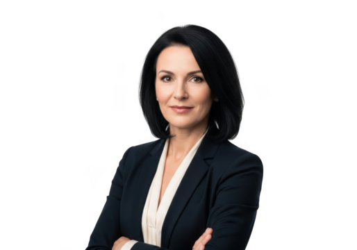 Professional businesswoman with dark hair wearing a blazer and blouse with arms crossed isolated on transparent background - Powered by Adobe