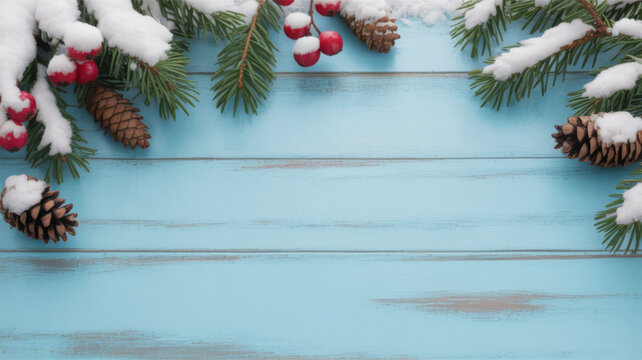 Festive winter background with snow-covered pine branches red berries and pine cones on a light blue wooden surface creating a Christmas holiday theme