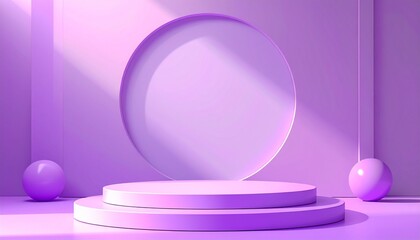 Obraz premium 3D realistic light cream cylinder pedestal podium background with round circles overlap in purple hologram. Wall minimal scene mockup products stage showcase, Promotion display. Vector abstract empty 
