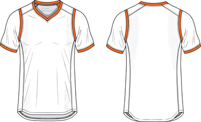 Athletic shirt technical fashion sketch, front and back view, short sleeves, V-neck design, garment flat drawing, apparel template, vector