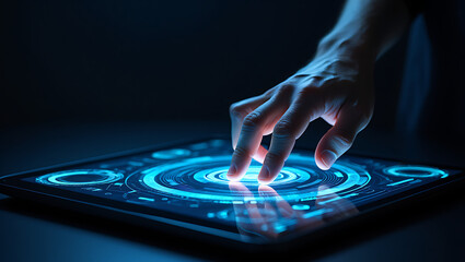 Close up of a human hand interacting with a futuristic holographic interface displaying glowing blue digital data and concentric circles on a dark background