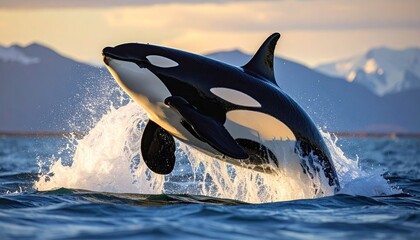 Orca whale breaching from ocean waves during golden hour sunset with snow capped mountains in background