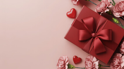 Elegant red gift box with ribbon surrounded by pink carnations and heart decorations perfect for Valentines Day or a romantic gift
