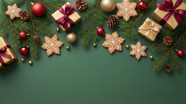 Merry Christmas and Happy Holidays greeting card, frame, banner. New Year. Red Christmas ornaments and gifts, presents on green background top view. Xmas holiday festive theme. Christmas decoration