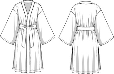 Robe technical fashion sketch, front and back view, belted waist design, wide sleeves, garment flat drawing, apparel template, clothing vector
