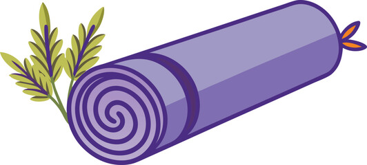 Rolled up purple yoga mat with green plant sprigs