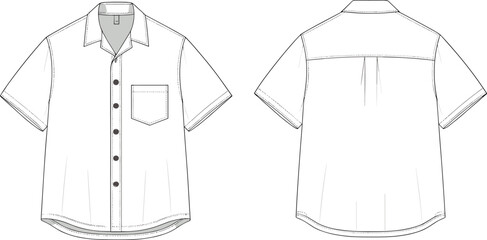 Short-sleeve button-up shirt technical fashion sketch, front and back view, garment flat drawing, apparel template, clothing illustration, vector