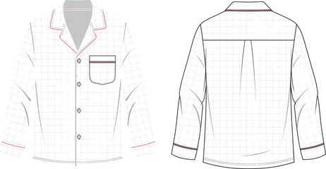 Sleepwear button-up shirt technical fashion sketch, front and back view, garment flat drawing, apparel template, clothing illustration, vector