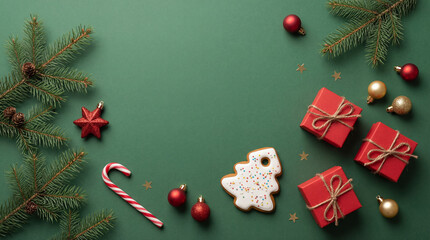 Merry Christmas and Happy Holidays greeting card, frame, banner. New Year. Red Christmas ornaments and gifts, presents on green background top view. Xmas holiday festive theme. Christmas decoration