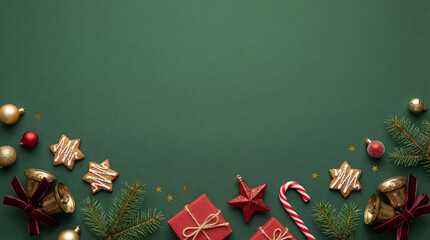 Merry Christmas and Happy Holidays greeting card, frame, banner. New Year. Red Christmas ornaments and gifts, presents on green background top view. Xmas holiday festive theme. Christmas decoration