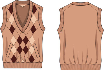 Sleeveless argyle sweater vest technical fashion sketch, front and back view, garment flat drawing, apparel template, clothing illustration, vector