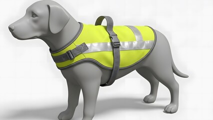 gray 3d model dog wearing a reflective safety vest for informative and educational presentations, websites, and blogs with copy space