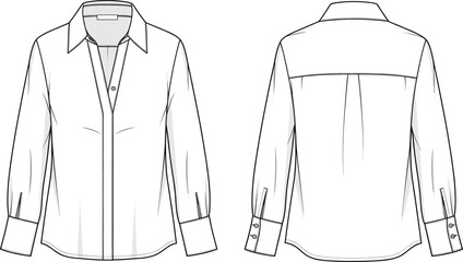 Women’s blouse technical fashion sketch, front and back view, button-down design, garment flat drawing, apparel template, clothing illustration, vector