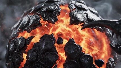 Close Up Dark Dragon Egg Shell Fracturing Glowing Inner Fire