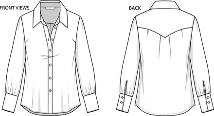 Women’s button-up shirt technical fashion sketch, front and back view, garment flat drawing, apparel design template, clothing illustration, vector