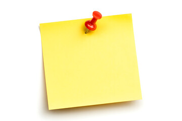 Yellow sticky note with a red pushpin isolated on white background