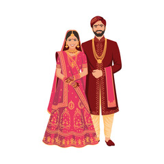 Traditional Indian Bride and Groom Wedding Couple in Cultural Attire – Vector Illustration