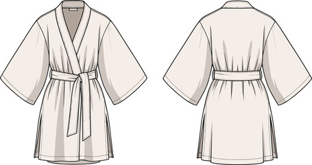 Wrap robe technical fashion sketch, front and back view, belted waist design, wide sleeves, garment flat drawing, apparel template, vector