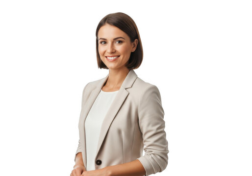 Professional young woman in a light colored blazer smiling confidently isolated on transparent background