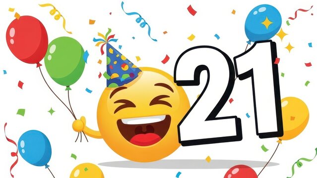 Happy 21st Birthday Celebration with Emoji and Balloons.