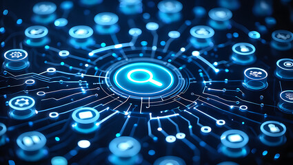 Abstract digital network of glowing blue circuitry and icons representing search and technology