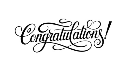 A black and white calligraphic text design featuring the word Congratulations! in elegant script lettering. Transparent background.