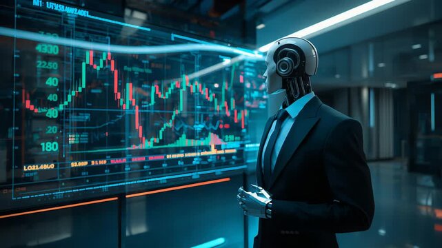 Android analyst analyzing stock volatility in vibrant trading hub