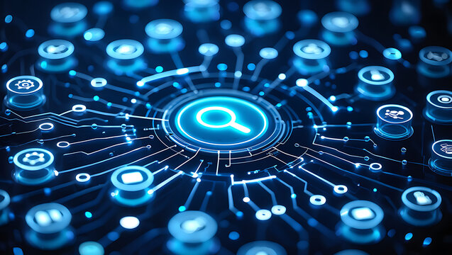 Abstract digital network of glowing blue circuitry and icons representing search and technology