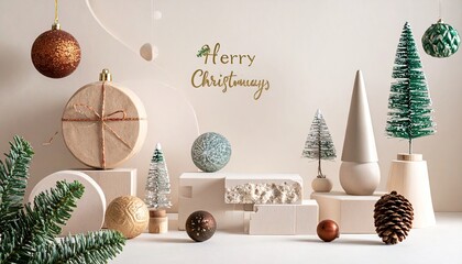 Modern Minimalist Christmas Still Life Arrangement with Festive Ornaments and Pine Branches.