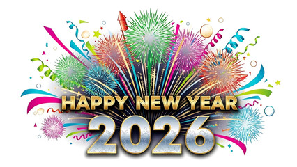 Celebratory Happy New Year 2026 Illustration with Fireworks and Streamers.