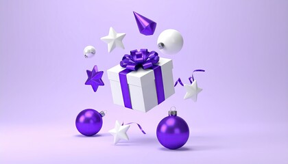Minimalist Festive Gift Box and Ornaments Floating on Purple Background.