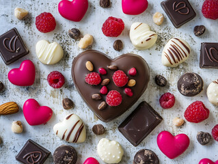 Symmetrical Layout of Heart-Shaped White Dark Chocolate with Valentine Decorations on Aged Textured Background, Soft Light