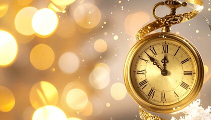 Golden Pocket Watch Nearing Midnight with Festive Bokeh Lights and Glitter.