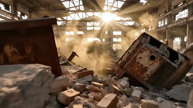 Industrial ruin dilapidation debris sunlight