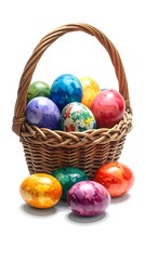 Naklejka premium A traditional woven easter basket overflowing with vibrantly colored and intricately decorated eggs on a clean white background