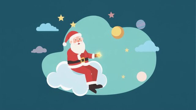 Cute Animated Santa Claus Floating on a Cloud at Night.