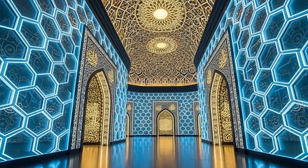 Futuristic Neon Hexagon Lights in a Traditional Ornate Hall.