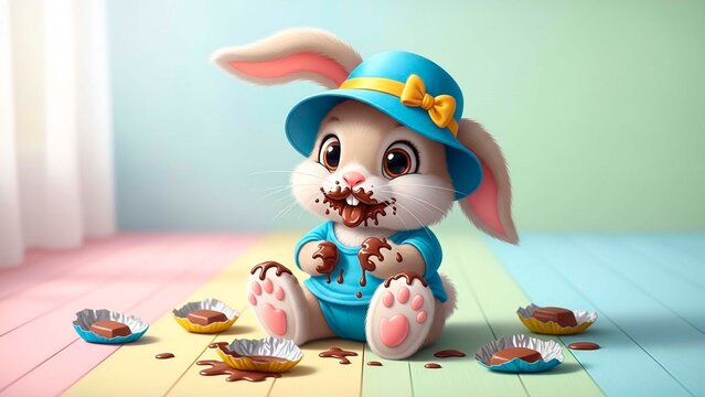 A cute cartoon pink Easter bunny with colorful spring eggs, a fun holiday celebration illustration