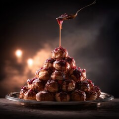 A pyramid of profiteroles on a silver platter with sauce being poured over them, set against a dark, atmospheric background with dramatic lighting.