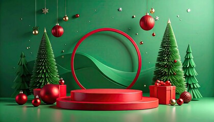 Modern minimalist Christmas stage setup with red podium and festive decorations.