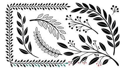 Fototapeta premium Decorative plant sprigs and borders on white.